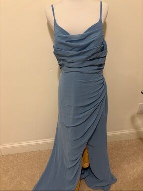 Azazie Dusty Blue Draped Spaghetti Strap Maxi Dress